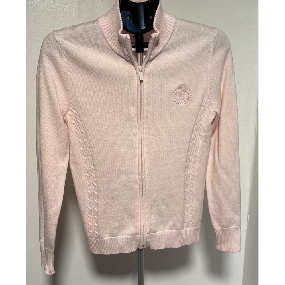 Tommy Hilfiger Jacket Womens Size Medium Full Zip Pink Sweater Logo 100% Cotton